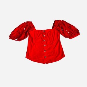 Anthropologie Red Puff-Sleeve Button-Front Blouse